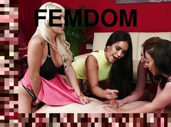CFNM femdoms facesit while jerking in group