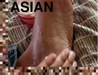 asiático, amateur, gay, esclava, pies, corrida, fetichista, a-solas, con-los-pies