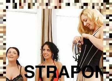LADIES USE FEELINGS - Strapon mistress pegging bottom butt in erotic threesome