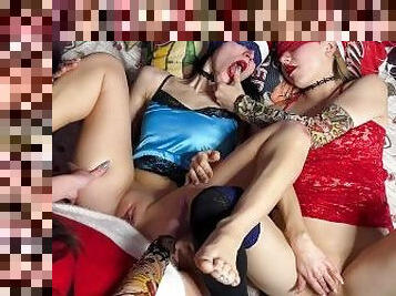 Christmas Threesome lesbian sex with strapon - doggy, cowgirl, female orgasm, amateur fff Kira Green