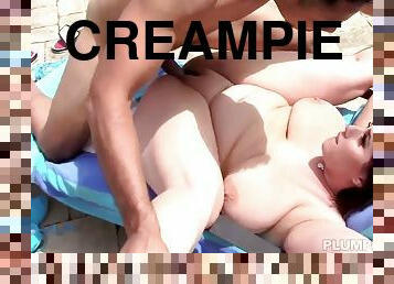 creampie, bbw, knubbig, bikini, brunett