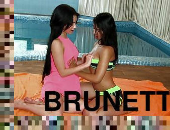 junge, spielzeug, schwimmbad, nette, wirkung, brunette, beine