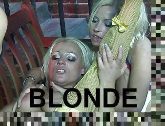 Kinky blondes lick each other then dude comes to join in the fuck