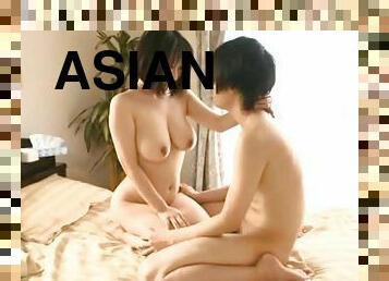 Asian with big boobs lands young man's dick in both her Japanese holes