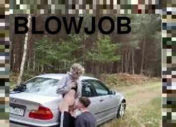 Twink gives a blowjob step bro 24cm big cock outdoor by car