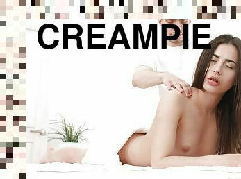 junge, creampie, hämmern, brunette, kleine-titten