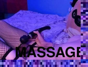 Cute tgirl masturbates with magic wand and prostate massager while listening to errotic audio