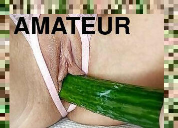 Cutie Fucked Her Pussy With a Cucumber and Brought Herself to Squirt Three Times . Fountain Splashes