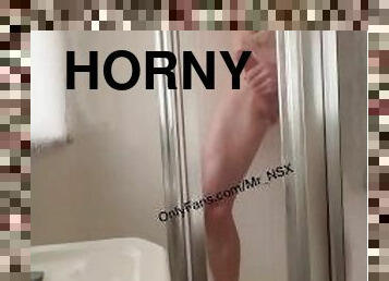 Risky wanking in shower while friends chat on other side of window. Hung, horny shower masturbation