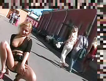 Hot blonde flashes tits and pussy in public