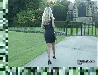 Sexy blonde gets out car in high heels and finishes you off