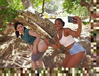 Outdoor lesbian foreplay with sexy Lala Ivey and Kylie Rocket