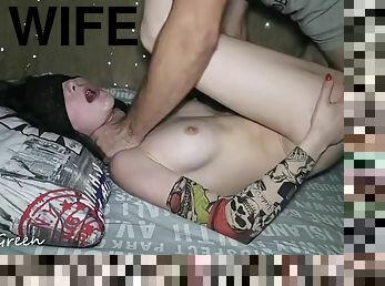 Wife shares husband with friend, blowjob, cowgirl, cum in mouth, facial - amateur threesome Kira Green