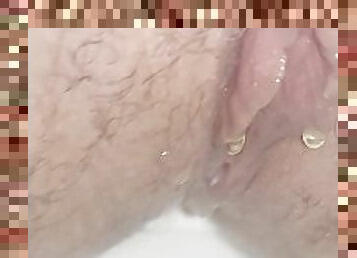 luscious hairy pink pussy peeing in bathroom, close-up tight pussy ready to be destroyed