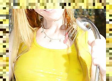 Wetlook in yellow top and panties in bathroom. Wetlook shower. Wet yellow underwear.