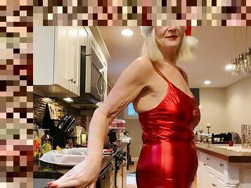 Danielle Dubonnet 65 year old MILF cooks in tight red dress and heels