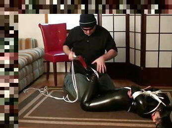 Sahry tied up in tight latex catsuit