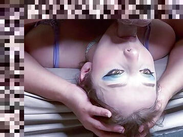 INTENSE Head Hanging Upside Down Extreme Facefuck with Russian Whore Staring Intio Camera for Throatpie