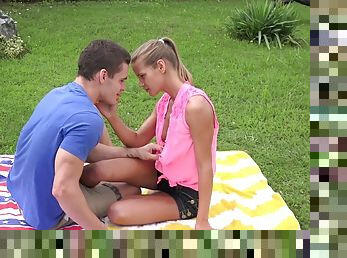 Beautiful teen gets pounded while with her boyfriend on picnic