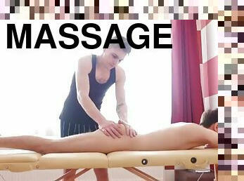 Masseuse fingers teen ass before barebacking