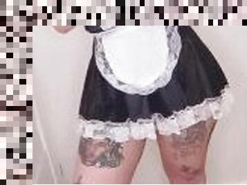 Teen girl with tattoos dressed up as a maid loves touching herself and shake her big ass