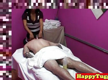 Asian masseuse handjob making dick for the customer