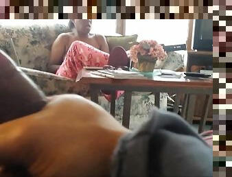 Jerk sitting in a mature black chick on the couch