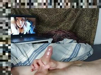 Guy gets turned on watching hot couples porn and moans to a big cumshot