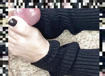 Black leg warmers footjob and get covered with cum