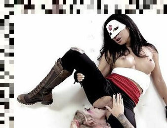 Masked bitches eat each other's pussies and share dick the hard way