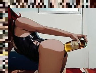 Sissy crossdresser in chastity dressed as slutty bunny drinking one liter of beer via anal