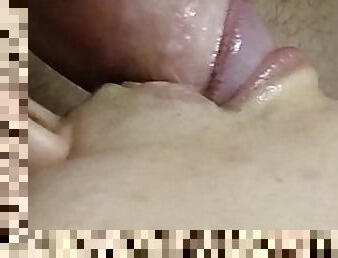 CLOSE UP:  blowjob with cum on lips and tongue