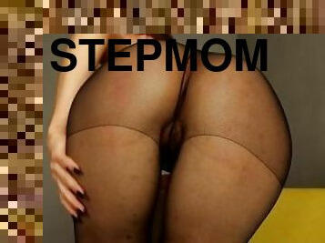 Cum on Stepmom’s Ass in Black Nylon Pantyhose - real amateur MILF