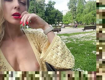 Horny Public Exhibitionist Woman Flashing Her Boobs To People In Park