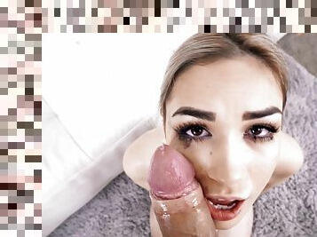 Gagged teen tries facial in soft POV