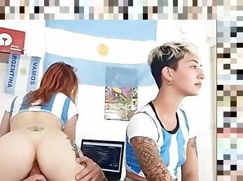 Argentine slut sucks cock and gets fucked while watching the World Cup live on sexycamx.com