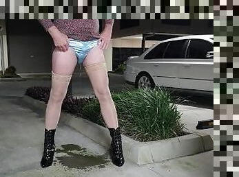 Crossdresser pees satin panties outdoors at night