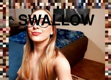 Nerdy slut on her knees to suck and swallows cum