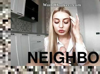 Young Blonde 18yo Neighbor Got Dirty, Seduced The Guy To Fill Her With Cum - POV blowjob and handjob