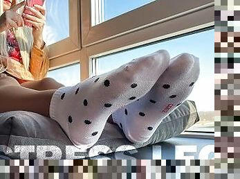 Goddess feet and soles in ankle polka dots socks over sheer pantyhose