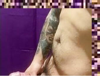 Big dick Latino jerks off in gym showers