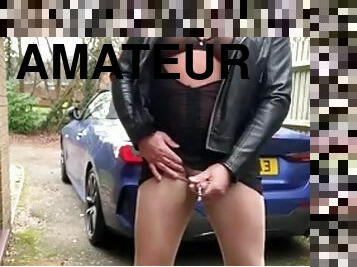 masturbation, utomhus, strumpbyxor, pissande, publik, shemale, amatör, cumshot, gigantisk-kuk, milf