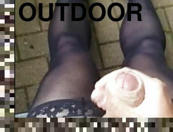 CD cock out, walking, handjob and cumshot outdoors