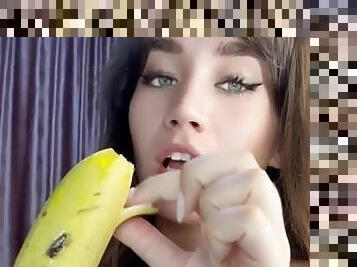 amatør, blowjob, cumshot, cum, webkamera, alene, banan