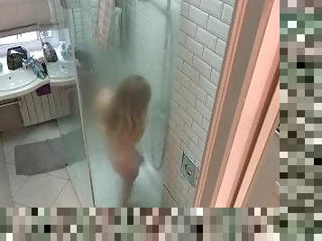 bañando, adolescente, cámara, voyeur, rubia, guapa, pequeñita, ducha, a-solas, tetitas