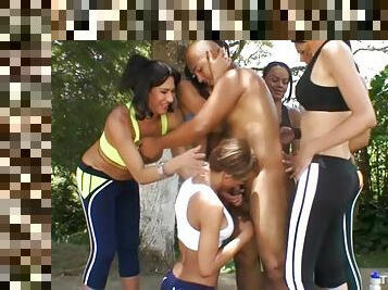 Shemale fitness chicks gangbang him outdoors