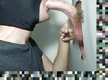 Blond hunk with a curved dick comes to the gloryhole to get a good job done with his mouth.
