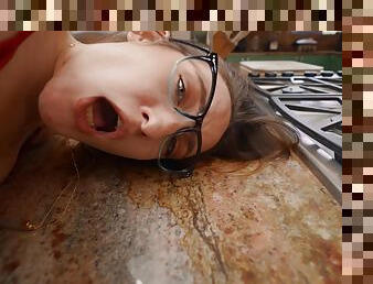 Nerdy brunette Everly Haze gets fucked in the kitchen