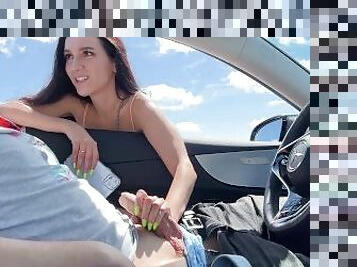 Sexy stranger sucks dick in a car in a public parking lot!