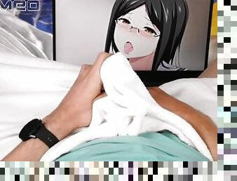 Moaning Otaku Guy in Yellow Socks Masturbates a Thick Cock While Watching Hentai and Cum so Hard POV